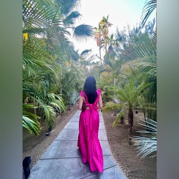 Self Portrait Ruffle Cotton Poplin Fuchsia Maxi Dress - Picture 6 of 8